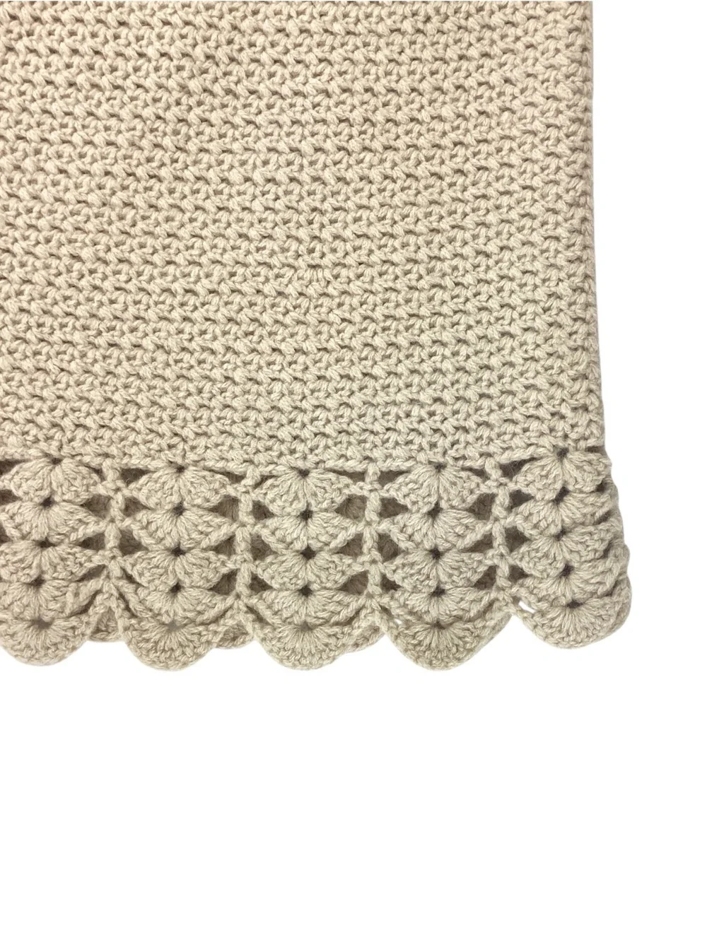 DKNY 100% Lambswool Knit Skirt Size M Tan Crochet Scallop Hem Drawcord